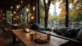 Relaxing Autumn Jazz Cafe Scene: Warm Coffee, Pastries & Iconic Paris Views.