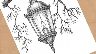 How to draw Lantern| সহজে লন্ঠন আঁকা  Academia Ink Sketch on Tree Branch 