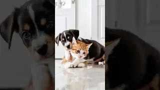 Cute Puppy Hugging Cute Kitten