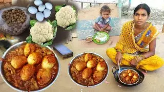 Egg cauliflower and soyabin curry recipe cooking and eating | village style santali tribe cooking