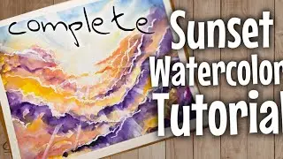 Complete Watercolor painting tutorial for beginners of a beautiful sunset with rolling clouds 