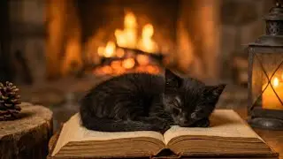 Instant Calm in 30 Seconds | Black Kitten Sleeping by Cozy Fireplace.