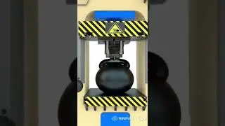 Realistic 3D animation of a powerful hydraulic press crushing a cast iron kettlebell.