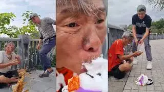 homeless people are bullied by bad guys - Poor grandpa ate instant noodles, birthday cake 😢  Ep1