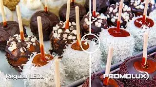 See the Difference: Candy Apples Under Regular LEDs vs. Promolux LEDs!