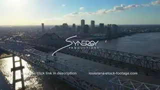 1416 New Orleans downtown aerial drone and crescent city connection bridges video stock footage