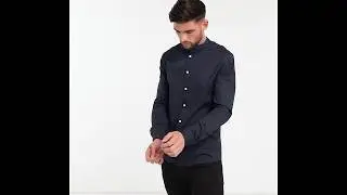 #0109 Camisa elegante de popelina de corte ajustado con cuello henley en azul marino de ASOS DESIGN