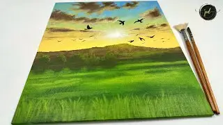 Flock of birds flying over a green field/ Acrylic painting