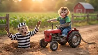 Baby monkey is driving his tiny red tractor around the farm, checking his secret traps… 😲