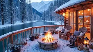 Soothing Riverside Piano Music Cabin Porch ❄️Warm Firepit, Blizzard Sounds & Gentle Winter Ambience