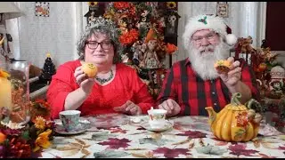 Mrs. Claus and Santa making pumpkin treats for the elves