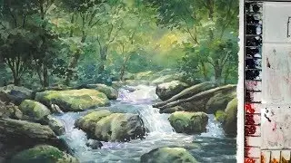 Forest Stream landscape Watercolor Painting