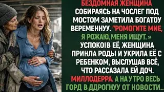 Бездомная женщина собираясь на ночлег под мостом заметила богатую беременную. «Помогите мне, я рожаю