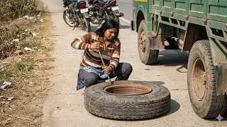 Massive Truck Tire Puncture Repair Process | Step by Step satisfying Work 🛠️