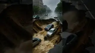 Massive Street Collapse During Urban Flood Leaves Cars Trapped