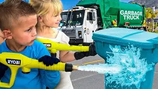 How Stinky Dirty Garbage Bins Get Cleaned! 🫧♻️ Kids Have Fun & Help Power Wash Recycle & Trash Cans!