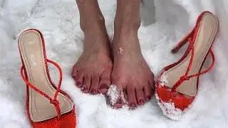 Barefoot on snow, high heels in snow, playing foot with snow, shoeplay on snow, shivering (# 1370)