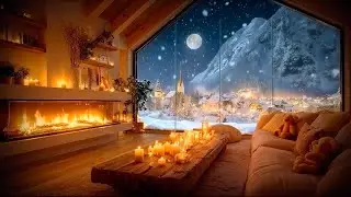 🔥 Cozy Winter Fireplace | 🌕 Full Moon Night | Relaxing Crackling Fire Ambience