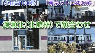 【「小田急1000形」と「東京メトロ8000系」が顔合わせ】小田急1000形 1051F クハ1151、デハ1101、東京メトロ8000系 8103F 残りクハ8003 1両　渡瀬北(北館林) 状況