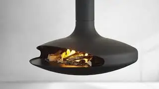 Central bioethanol fireplace with suspended and pivoting hearth