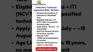 Indian Navy Technician Apprentice 2025 &ndash; 50 Posts | Apply Online by 15 Aug