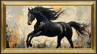 Framed Black Horse Wall Art, Abstract Impressionist Oil Painting | 4K Screensaver for TV