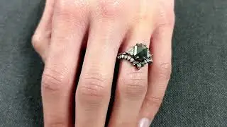 Unique Raw Diamond Hexagon Triangle Diamond Ring, 14K Black Gold Salt & Pepper Bridal Engagement Set