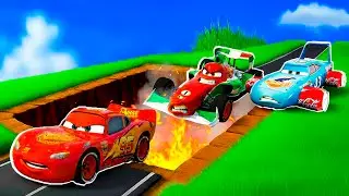 Pixar Cars Battle Giant Pit Traps! Can Lightning McQueen Survive vs Portal Pit. BeamNG ( 22 )