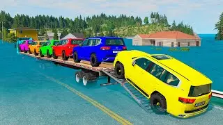 Triple Flatbed Trailer McQueen Transportation with Truck - Speedbumps vs Cars vs Train - BeamNG #262