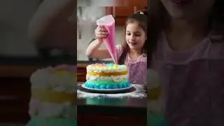 a small chef girl making a cake