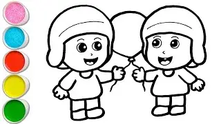 Cute Pocoyo Friends with Balloon Drawing, Painting and Coloring For Kids and Toddlers_ Child Art 