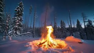 Warm Campfire in Cold Winter Forest 🌌  Snow-Covered Trees & Starry Night