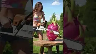 Wait...😱 She Cuts a GIANT Dragon Fruit with a Chainsaw?! 🍉⚡#shorts#trending#asmr #stihl#chainsaw