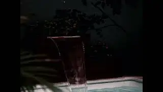 Evening by the pool: water feature, cricket sounds relaxation.