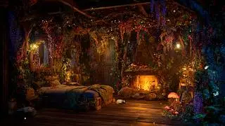 Enchanted Forest Cottage Fairy | Whimsical Night Sounds, Fireflies & Crackling Fireplace ASMR