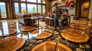 Top 5 Rustic yet Luxurious Epoxy Floors Featuring Natural Wood Slices with Stone Accents
