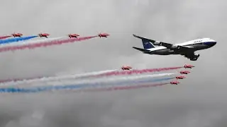 RIAT 2019 The British Airways Boeing 747 in BOAC livery flying in formation with The Red Arrows