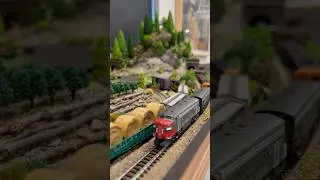 Trackside view F Unit long train with log carriers and a crane car N Scale Model Train #railmodel