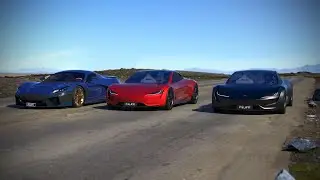 Simulated race between Rimac Nevera vs Tesla Roadster vs Tesla Roadster SpaceX package animation.