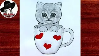 How to Draw a Cute Kitten in a Cup step by step | Cute Cat in a Cup Drawing