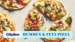 Hummus pizza with feta and veggies