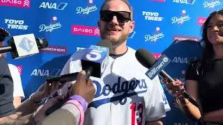 Dodgers 3B Max Muncy talks to the media at Dodger Fest 2026
