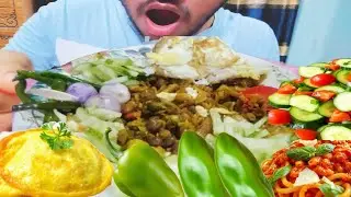 Eating very spicy pasta,egg omled,green hot chili,cucumbers salad,onions || ASMR Mukhbang video.