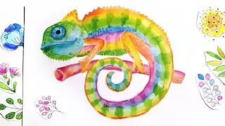 Chameleon Watercolor Painting \ Colorful Lizard Illustration - Speedpaint