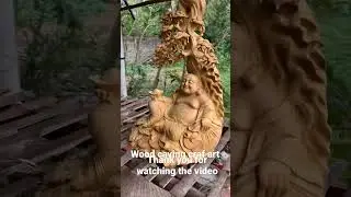 Maitreya buddha sitting at the base of a tree with skillful hands.Wood caving craf art
