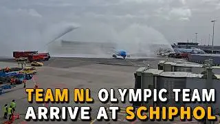 Dutch Olympic Team Lands at Schiphol Airport - Water Salute | Aviation History 4K
