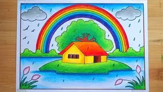 Rainy Season Drawing/How To Draw Rainy Day Very Easy Step By Step/Rainy Season Scenery Drawing Easy