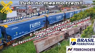 Trem da com novos vagões HTT e vagões HFT da ferronorte juntos Passando na PN de Vicente de Carvalho