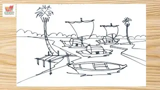 নদীর পাড়ে নৌকার দৃশ্য আঁকার সহজ কৌশল। How to Draw River Sayed Bod Scenery Drawing 