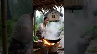 Beautiful Asian girl cooking food outside in rain #shorts #ai